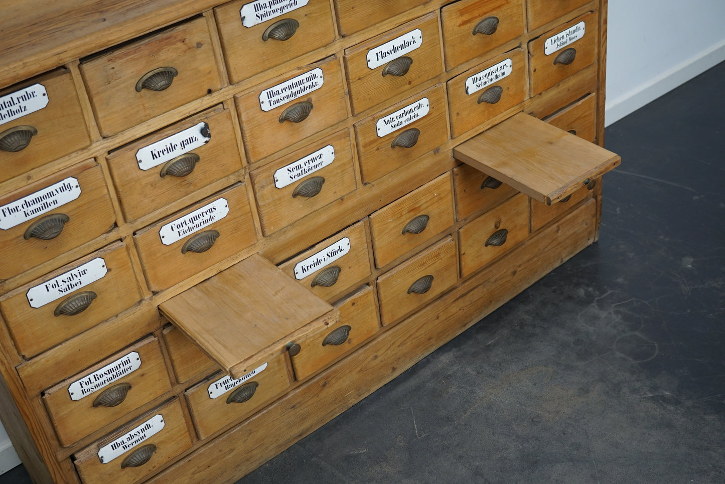 Antique German Pine Apothecary Cabinet with Enamel Shields, 1900s
