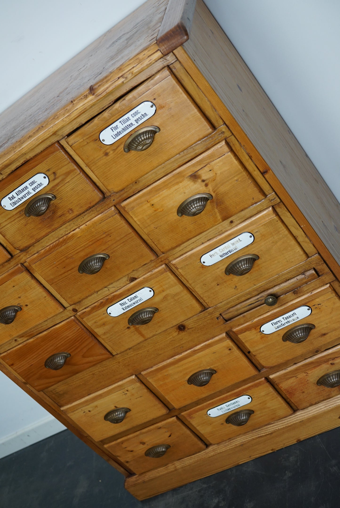 Antique German Pine Apothecary Cabinet with Enamel Shields, 1900s