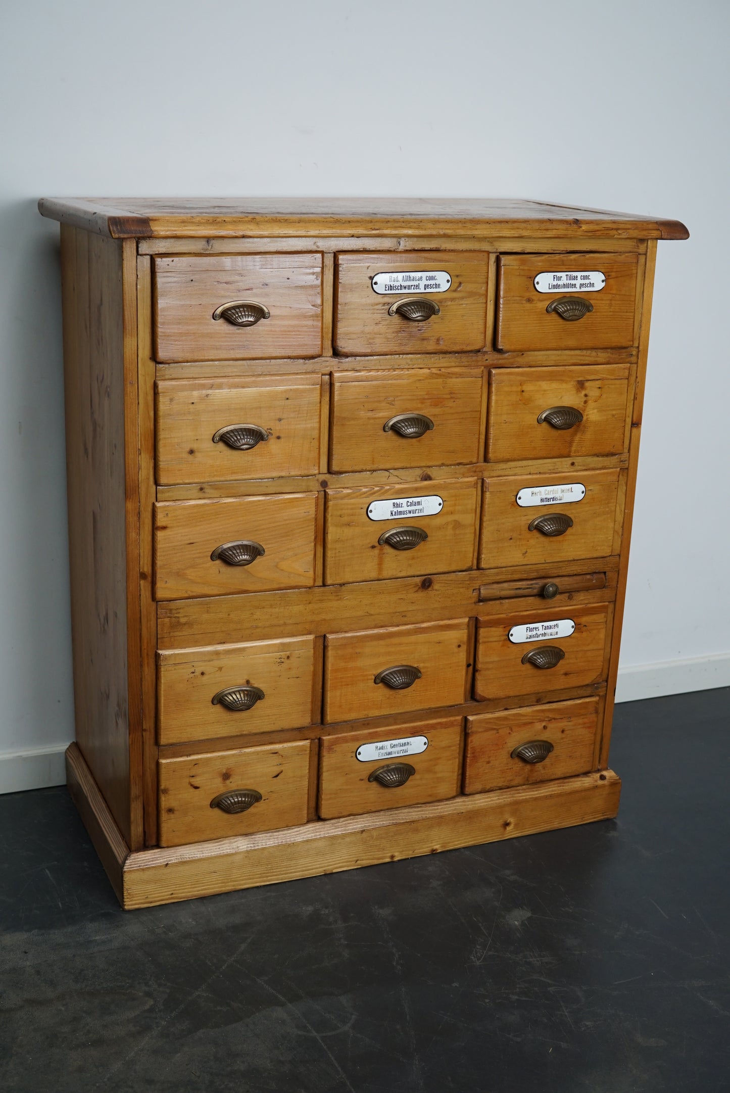 Antique German Pine Apothecary Cabinet with Enamel Shields, 1900s