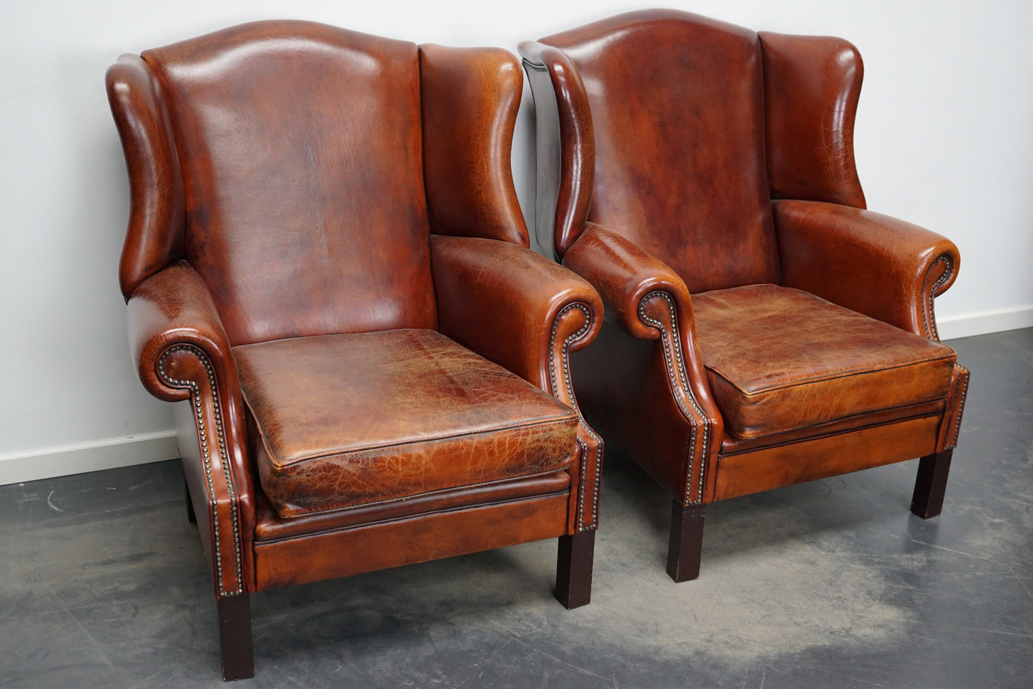 Vintage Dutch Cognac Leather Wingback Club Chairs, Set of 2