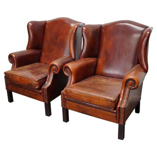 Vintage Dutch Cognac Leather Wingback Club Chairs, Set of 2