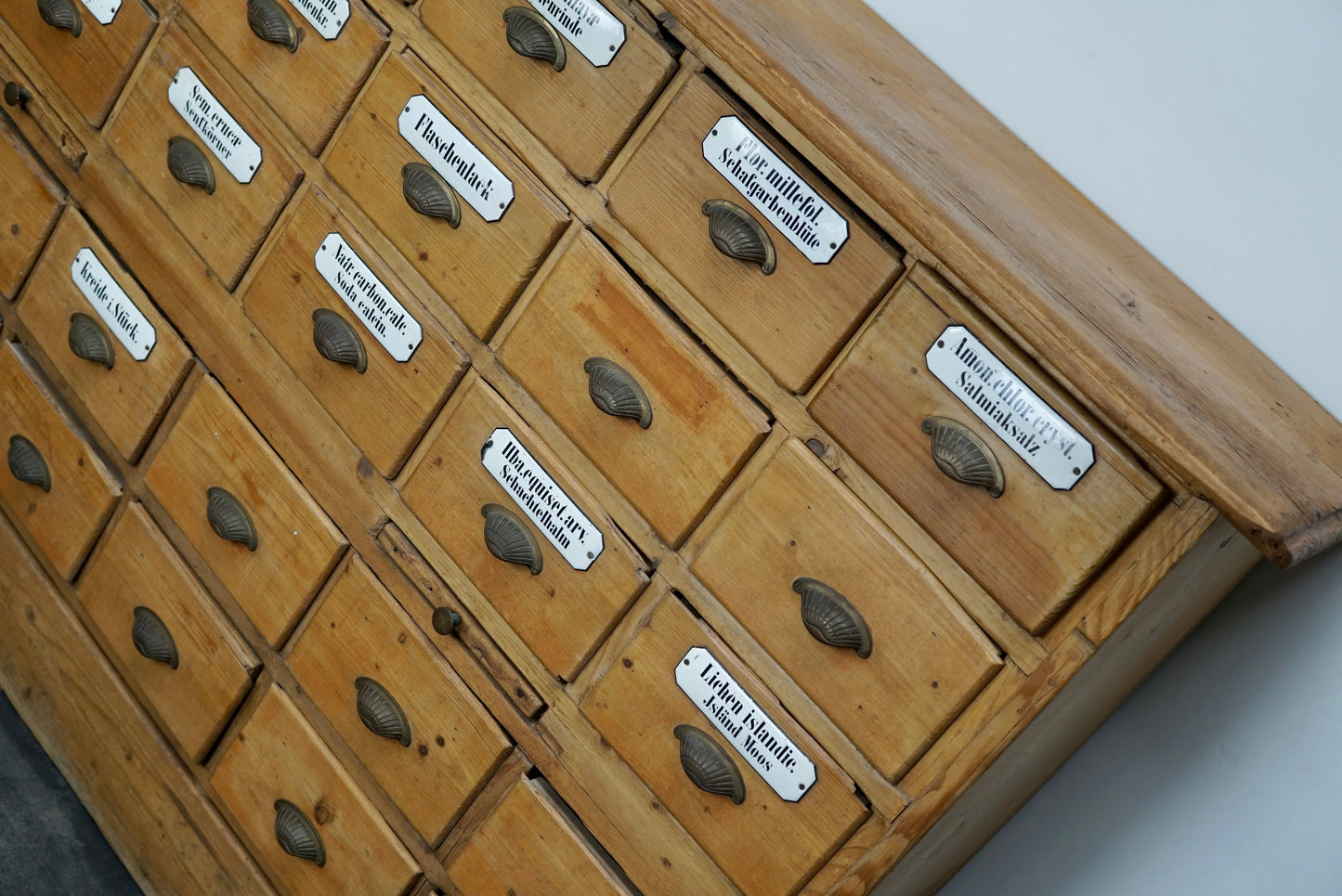 Antique German Pine Apothecary Cabinet with Enamel Shields, 1900s