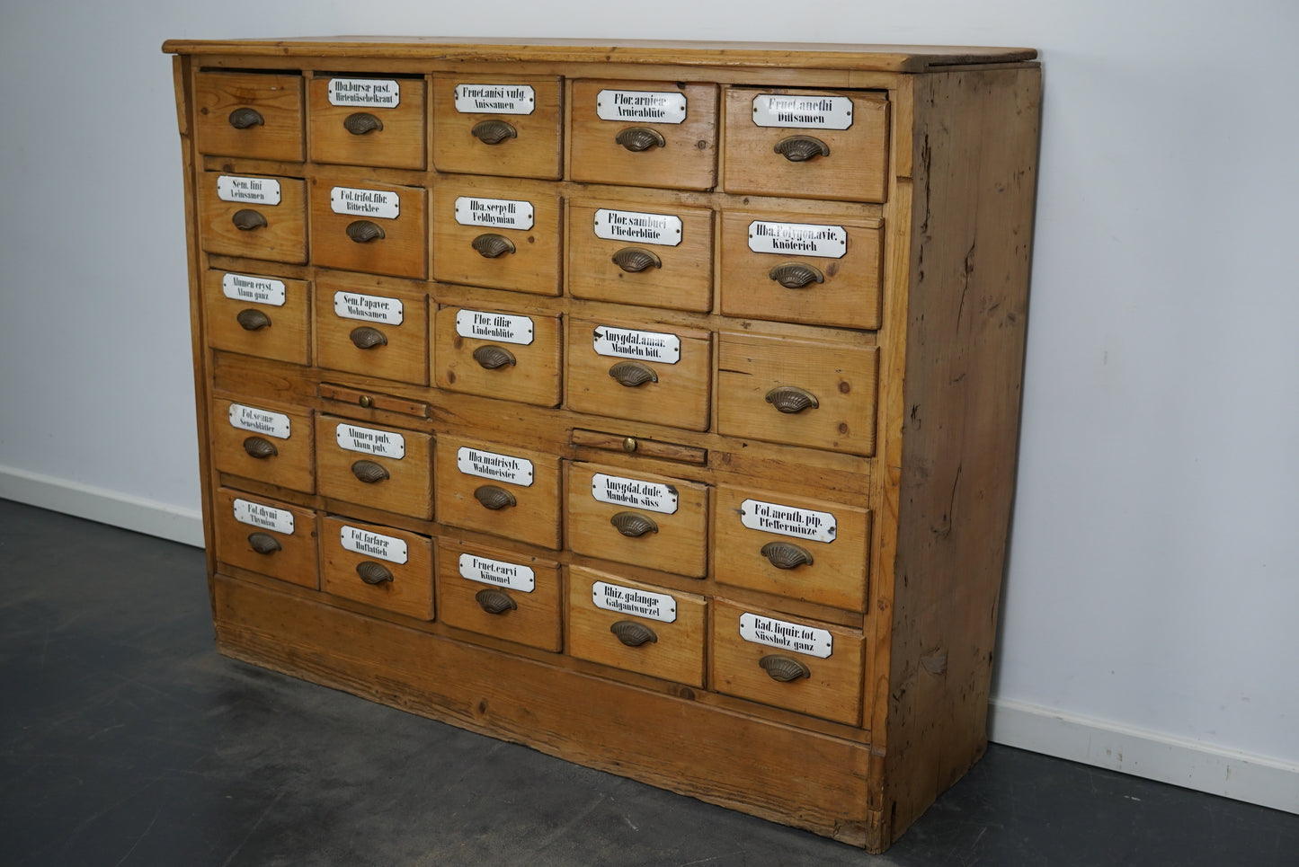Antique German Pine Apothecary Cabinet with Enamel Shields, 1900s