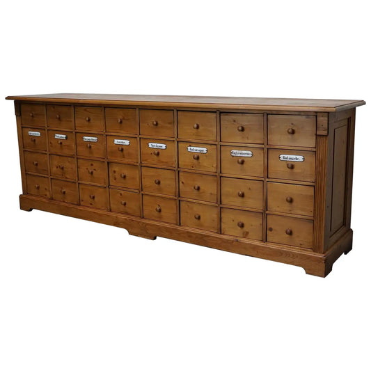 Large German Pine Apothecary Cabinet with Enamel Shields, 1930s