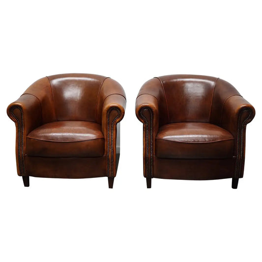 Vintage Dutch Cognac Leather Club Chairs, Set of 2