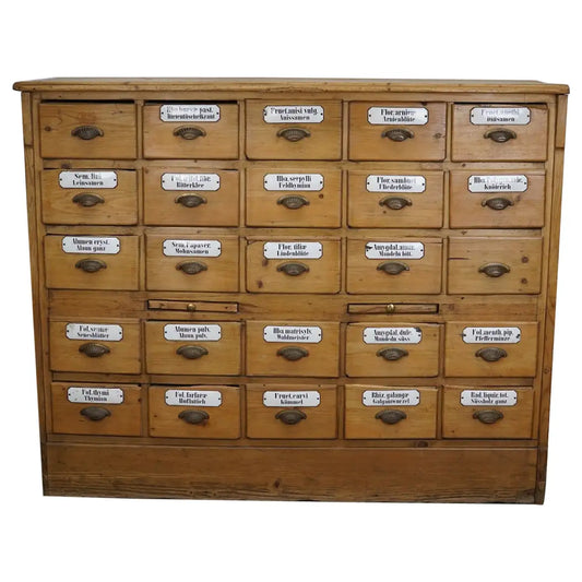 Antique German Pine Apothecary Cabinet with Enamel Shields, 1900s