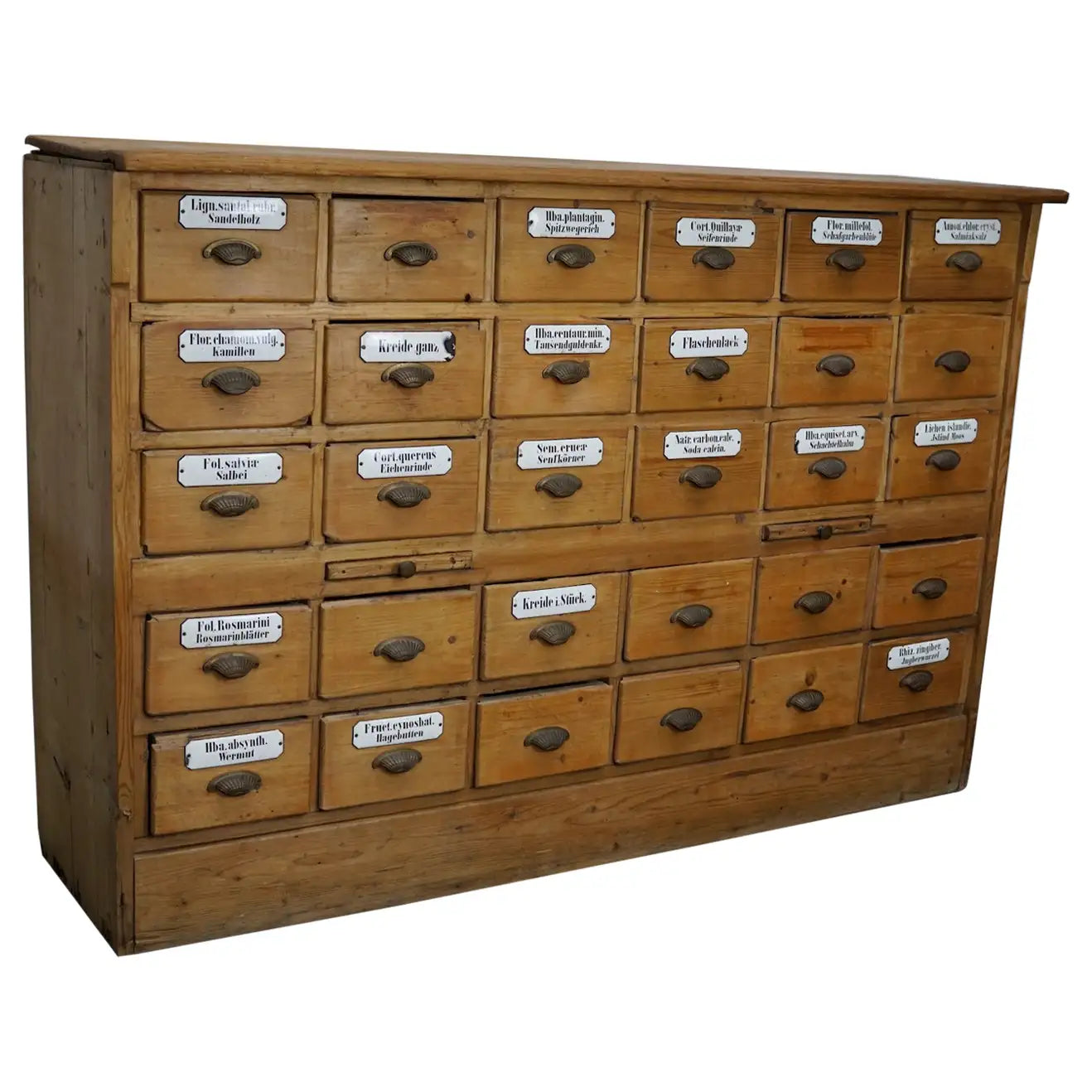 Antique German Pine Apothecary Cabinet with Enamel Shields, 1900s