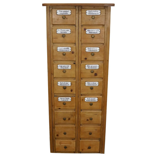 Antique German Pine Apothecary Cabinet with Enamel Shields, 1900s