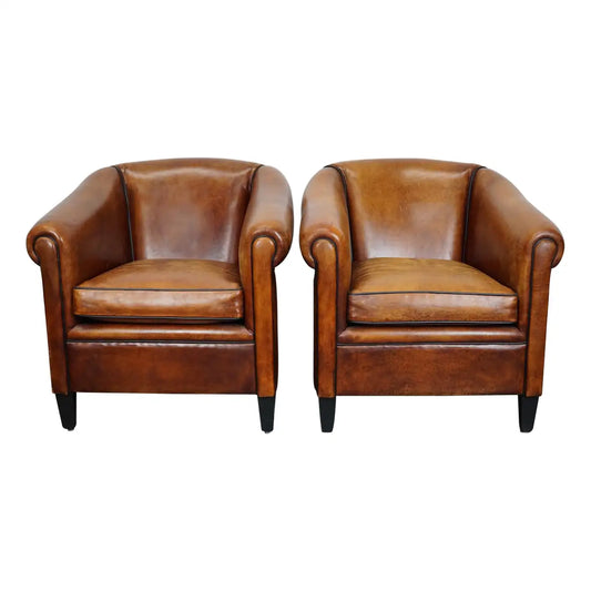 Vintage Dutch Cognac Colored Leather Club Chair, Set of 2