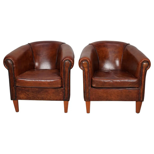 Vintage Dutch Cognac Colored Leather Club Chair, Set of 2