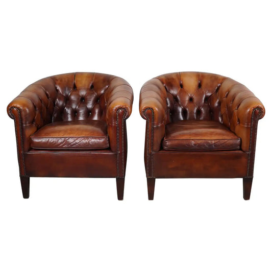 Vintage Dutch Chesterfield Cognac Leather Club Chairs, Set of 2