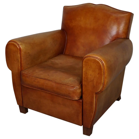 Vintage French Moustache Back Cognac-Colored Leather Club Chair