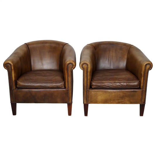 Vintage Dutch Cognac / Brown Colored Leather Club Chair, Set of 2