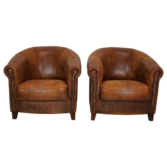 Vintage Dutch Cognac Colored Leather Club Chair, Set of 2