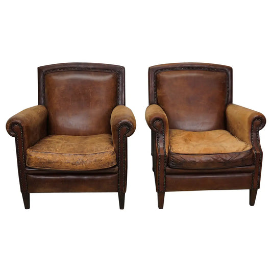 Vintage Dutch Cognac Colored Leather Club Chair, Set of 2