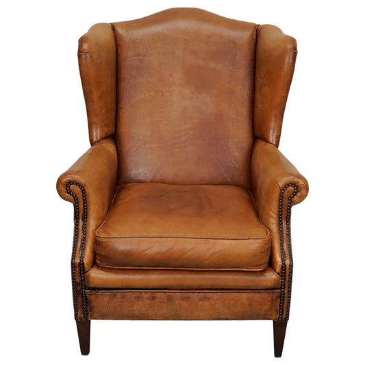 Vintage Dutch Cognac Colored Wingback Leather Club Chair