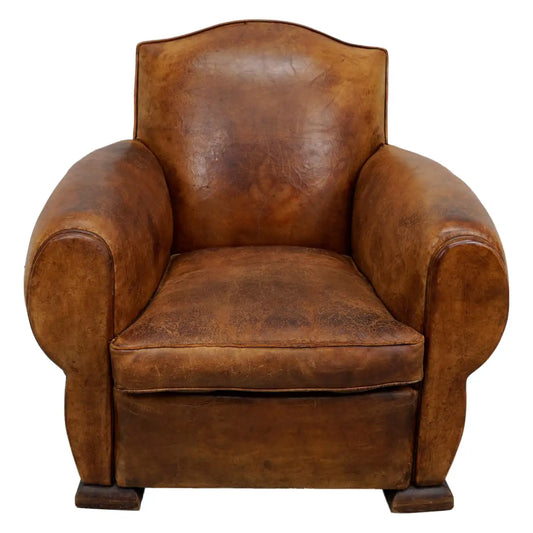 Vintage French Moustache Back Cognac-Colored Leather Club Chair, 1940s