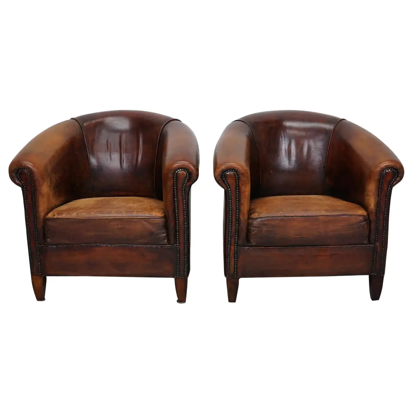 Vintage Dutch Cognac Colored Leather Club Chair, Set of 2