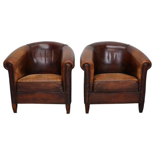 Vintage Dutch Cognac Colored Leather Club Chair, Set of 2