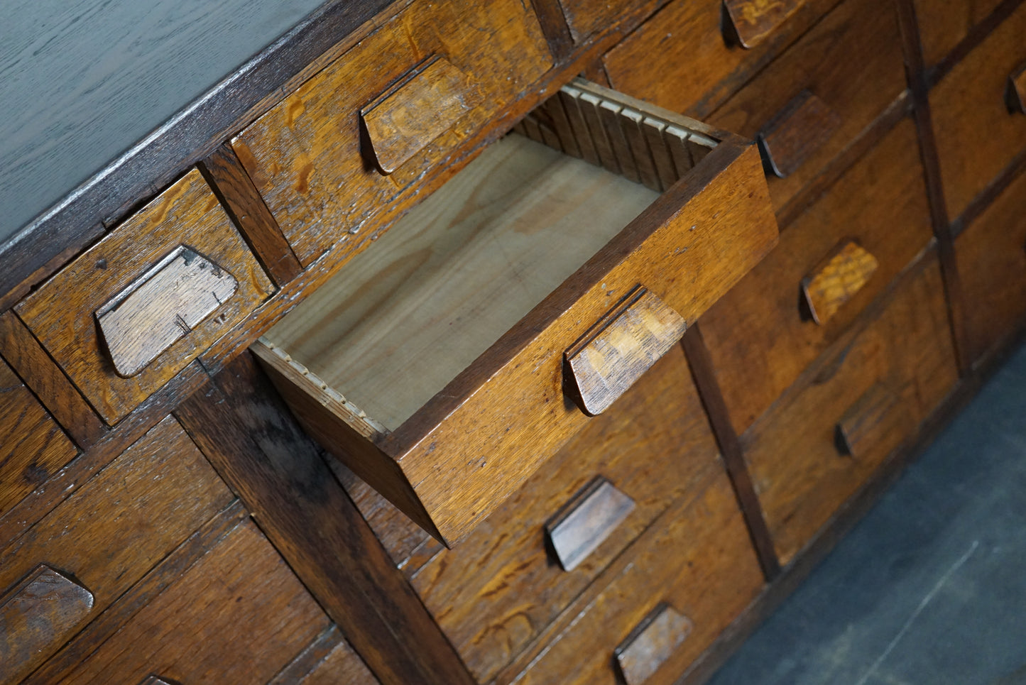 German Industrial Oak Apothecary Cabinet / Bank of Drawers, 1930s
