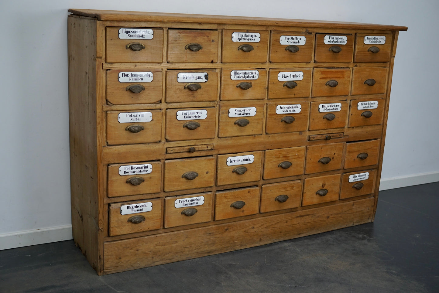 Antique German Pine Apothecary Cabinet with Enamel Shields, 1900s