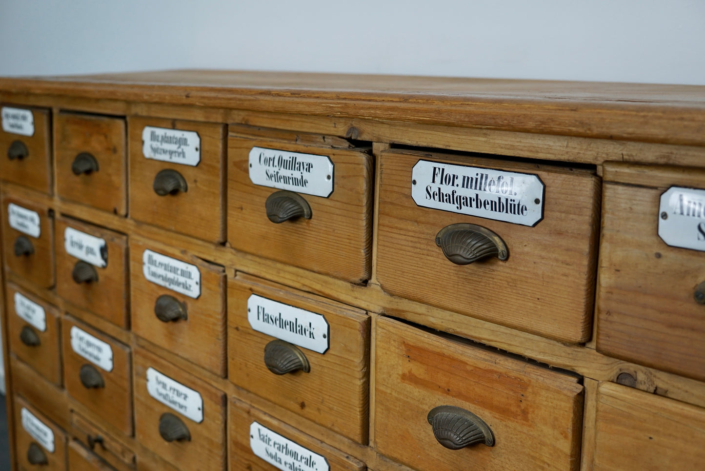 Antique German Pine Apothecary Cabinet with Enamel Shields, 1900s