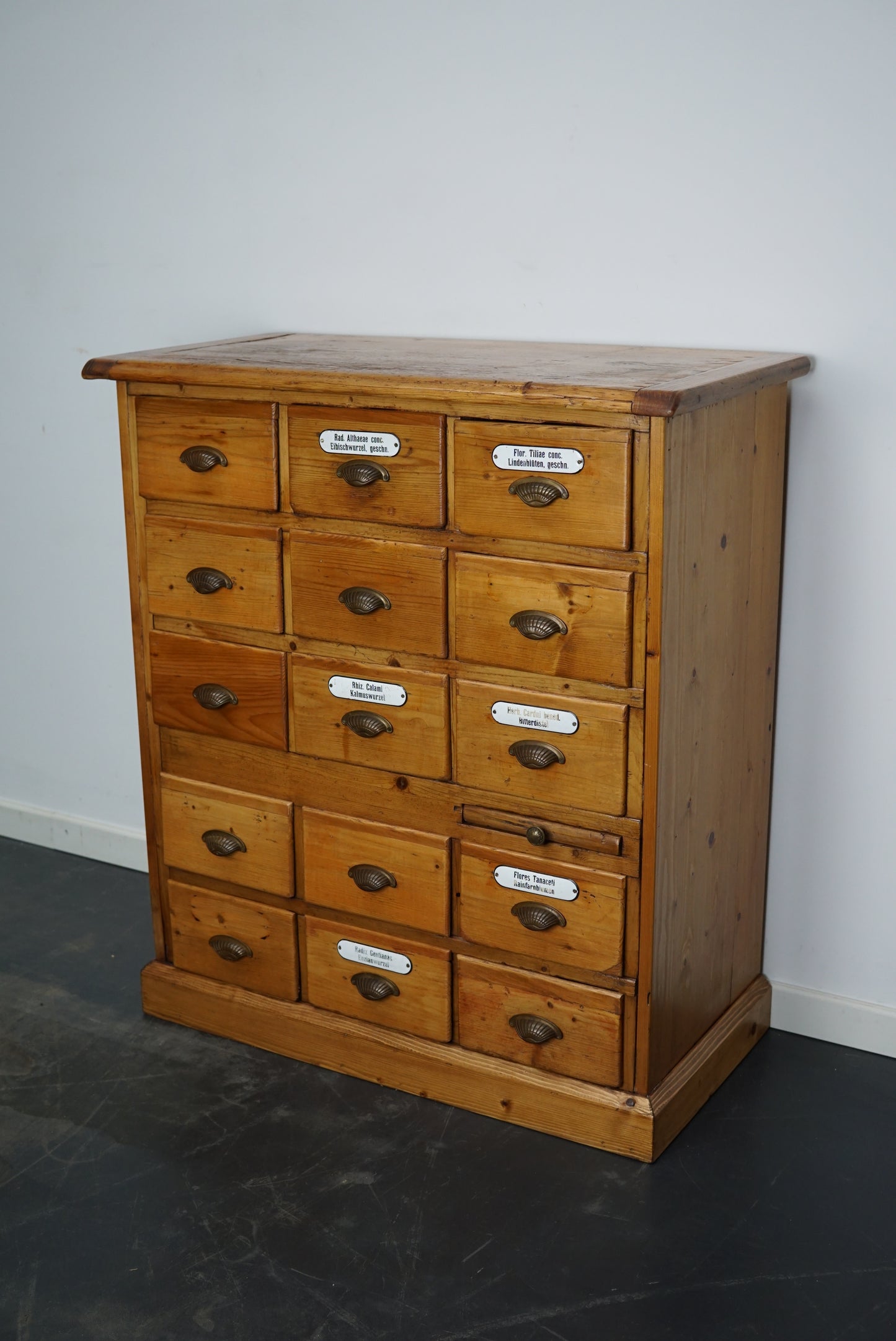 Antique German Pine Apothecary Cabinet with Enamel Shields, 1900s