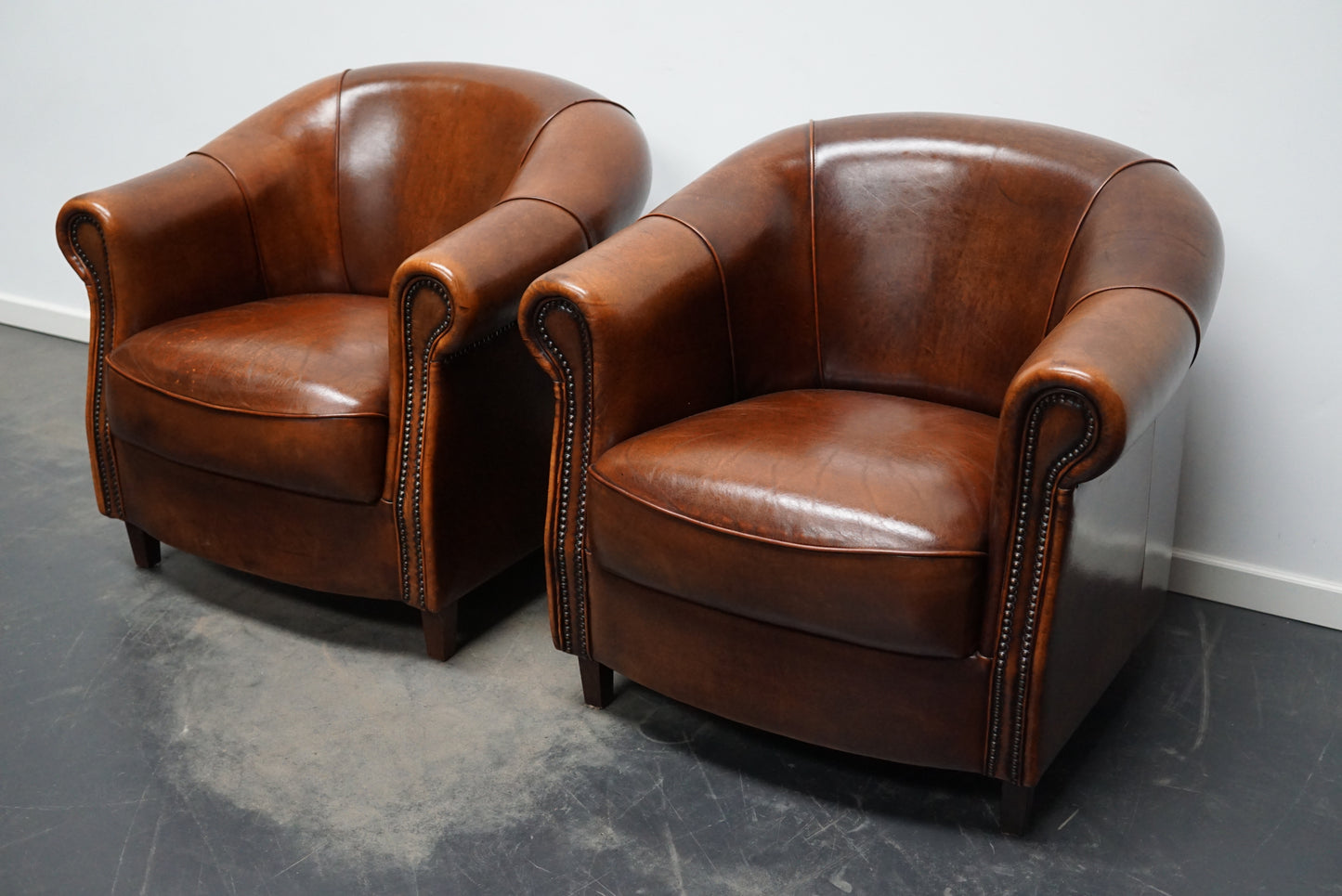 Vintage Dutch Cognac Leather Club Chairs, Set of 2