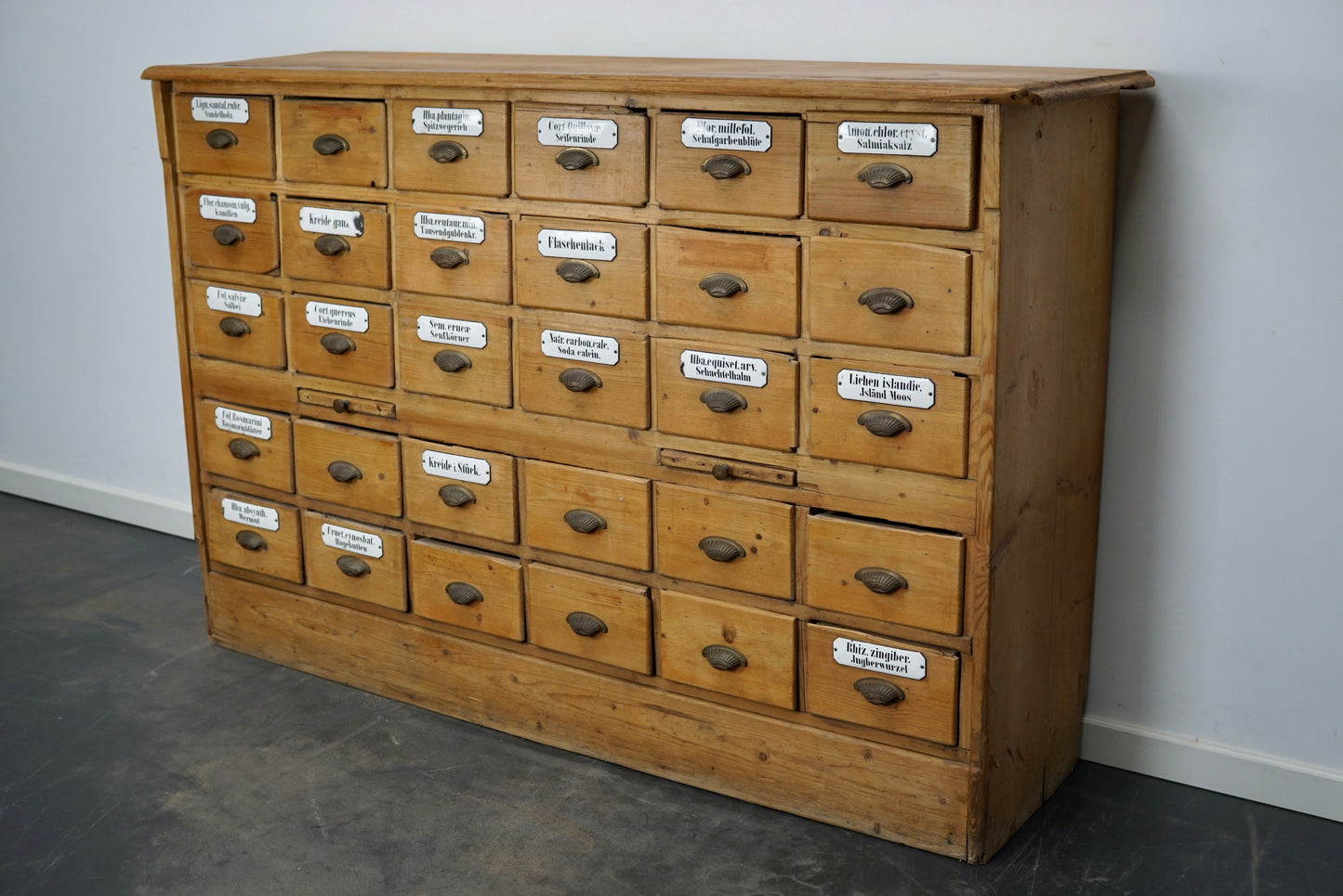 Antique German Pine Apothecary Cabinet with Enamel Shields, 1900s