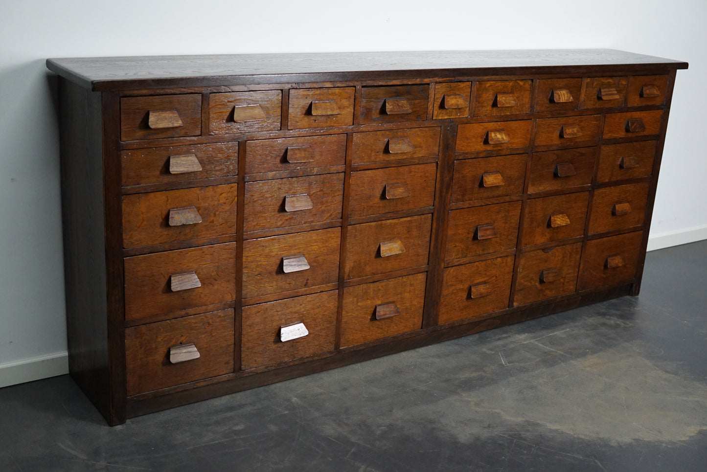 German Industrial Oak Apothecary Cabinet / Bank of Drawers, 1930s