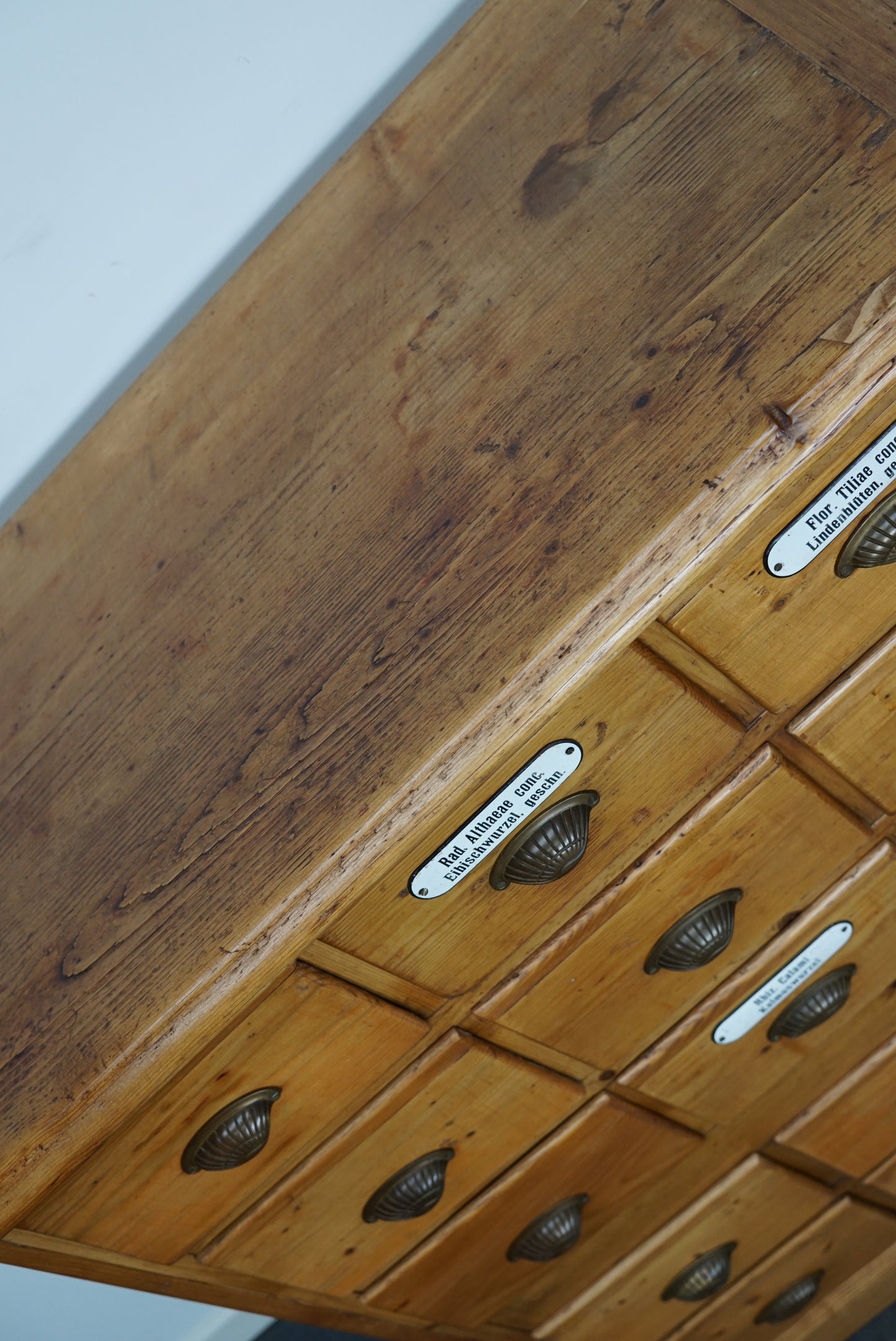 Antique German Pine Apothecary Cabinet with Enamel Shields, 1900s