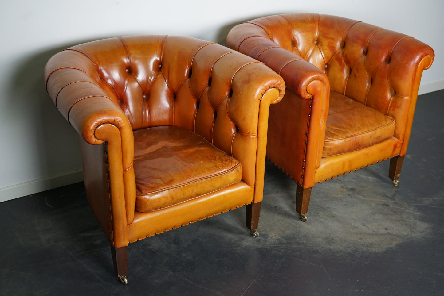 Vintage Dutch Chesterfield Cognac Leather Club Chairs, Set of 2