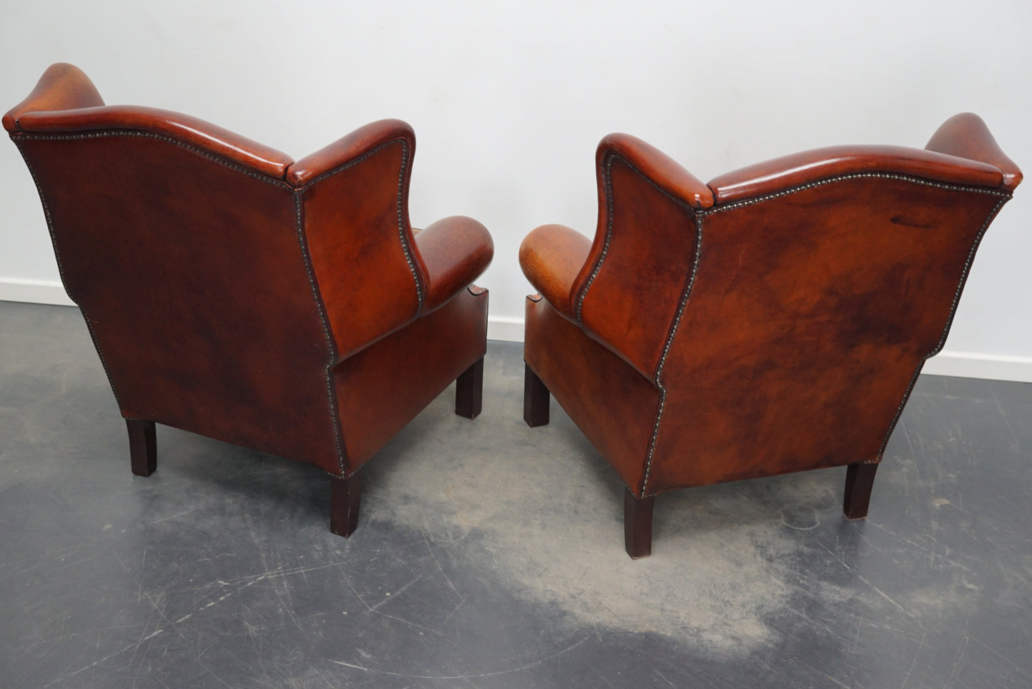 Vintage Dutch Cognac Leather Wingback Club Chairs, Set of 2