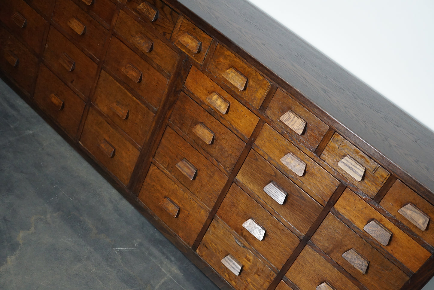 German Industrial Oak Apothecary Cabinet / Bank of Drawers, 1930s