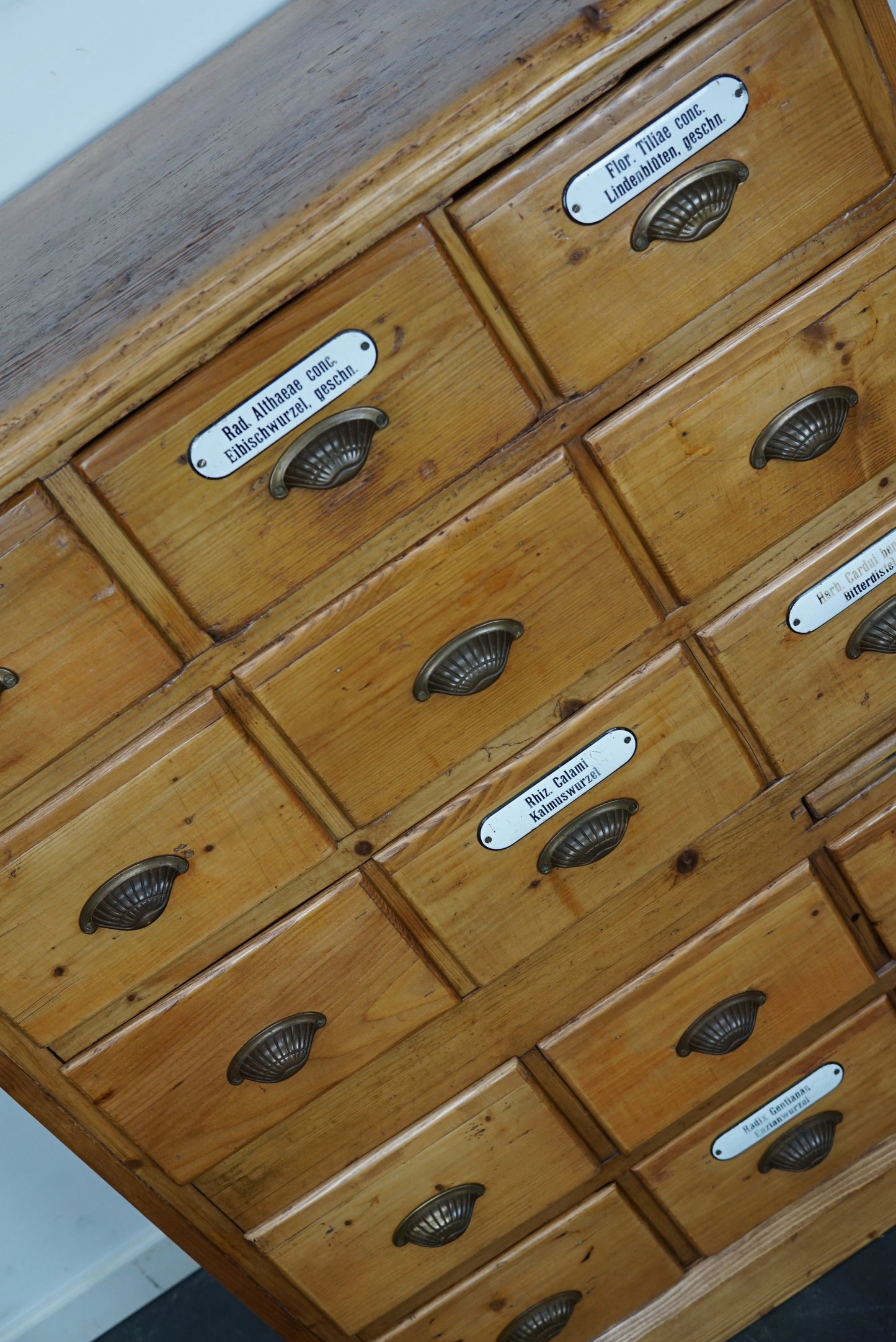 Antique German Pine Apothecary Cabinet with Enamel Shields, 1900s