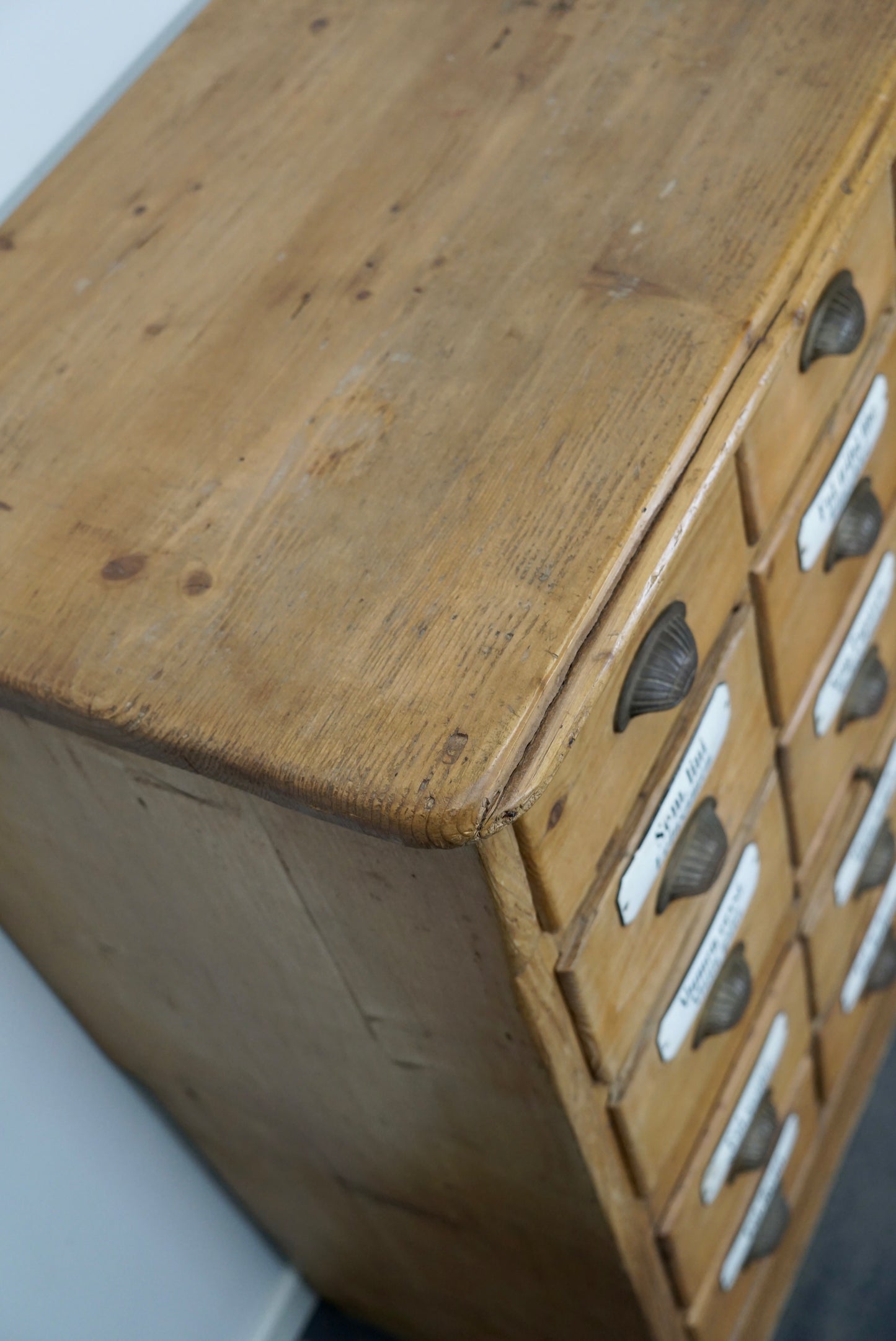 Antique German Pine Apothecary Cabinet with Enamel Shields, 1900s