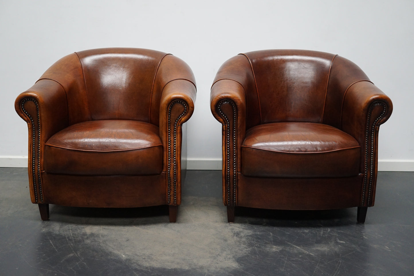 Vintage Dutch Cognac Leather Club Chairs, Set of 2