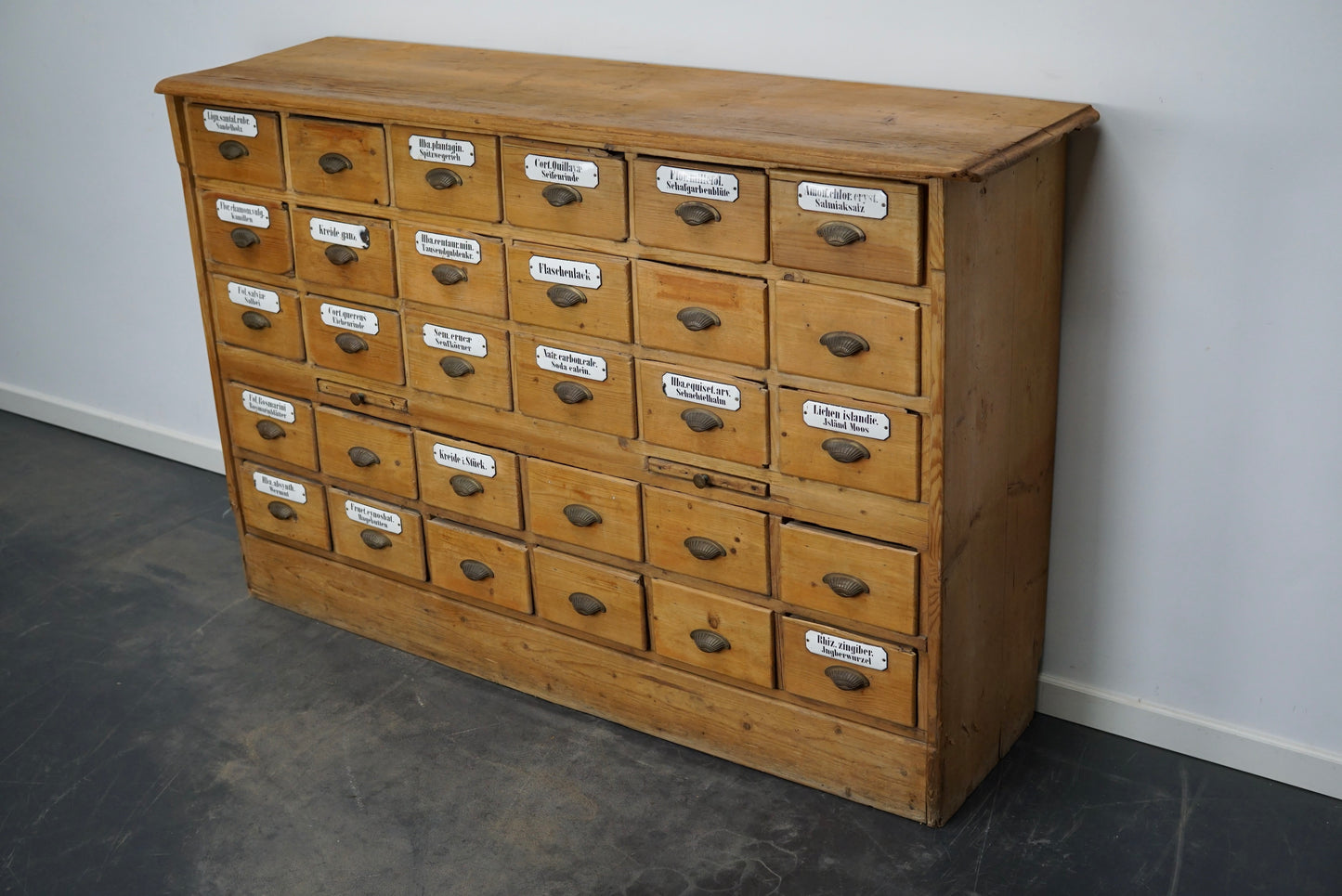 Antique German Pine Apothecary Cabinet with Enamel Shields, 1900s