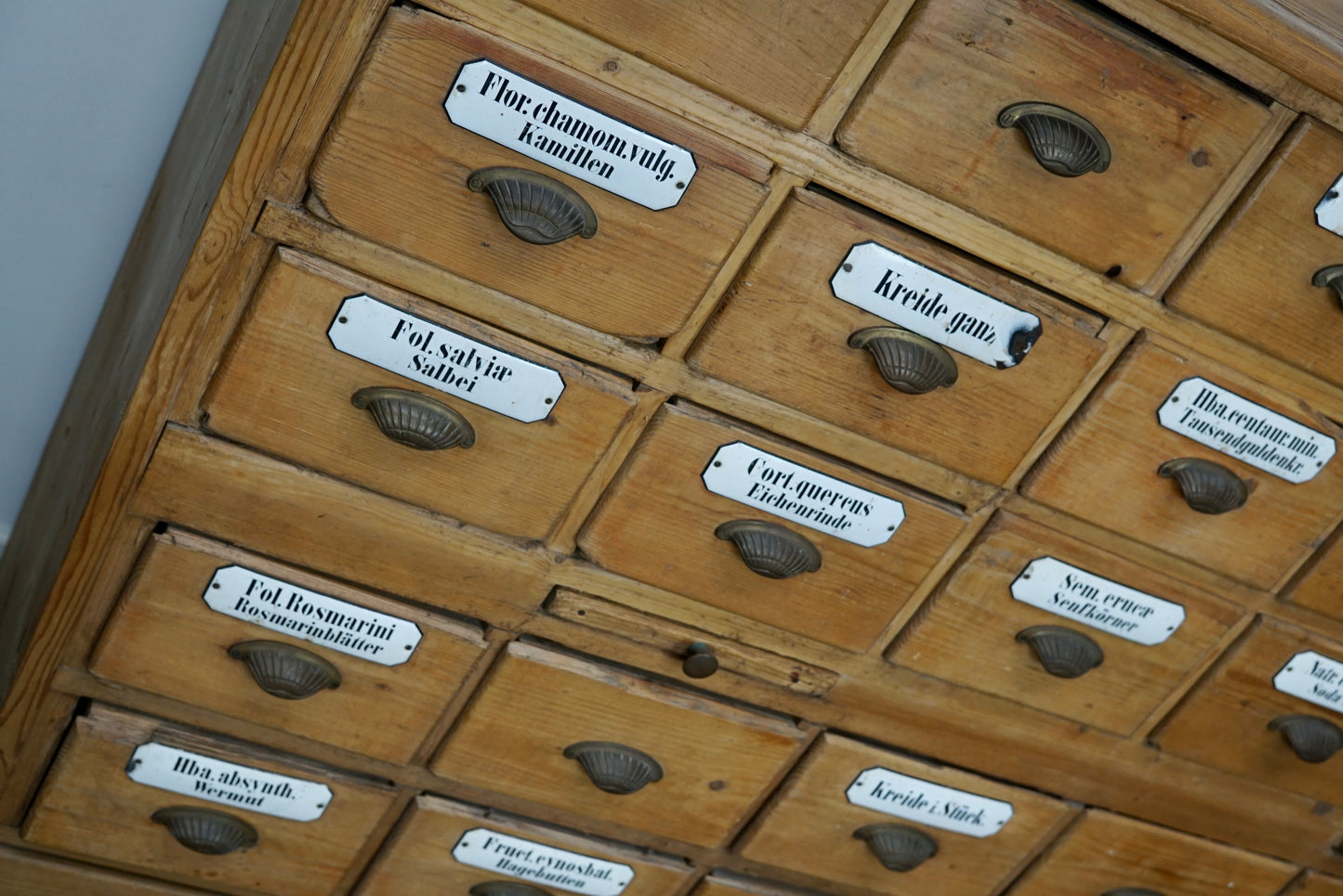 Antique German Pine Apothecary Cabinet with Enamel Shields, 1900s
