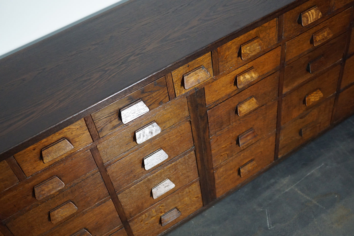 German Industrial Oak Apothecary Cabinet / Bank of Drawers, 1930s