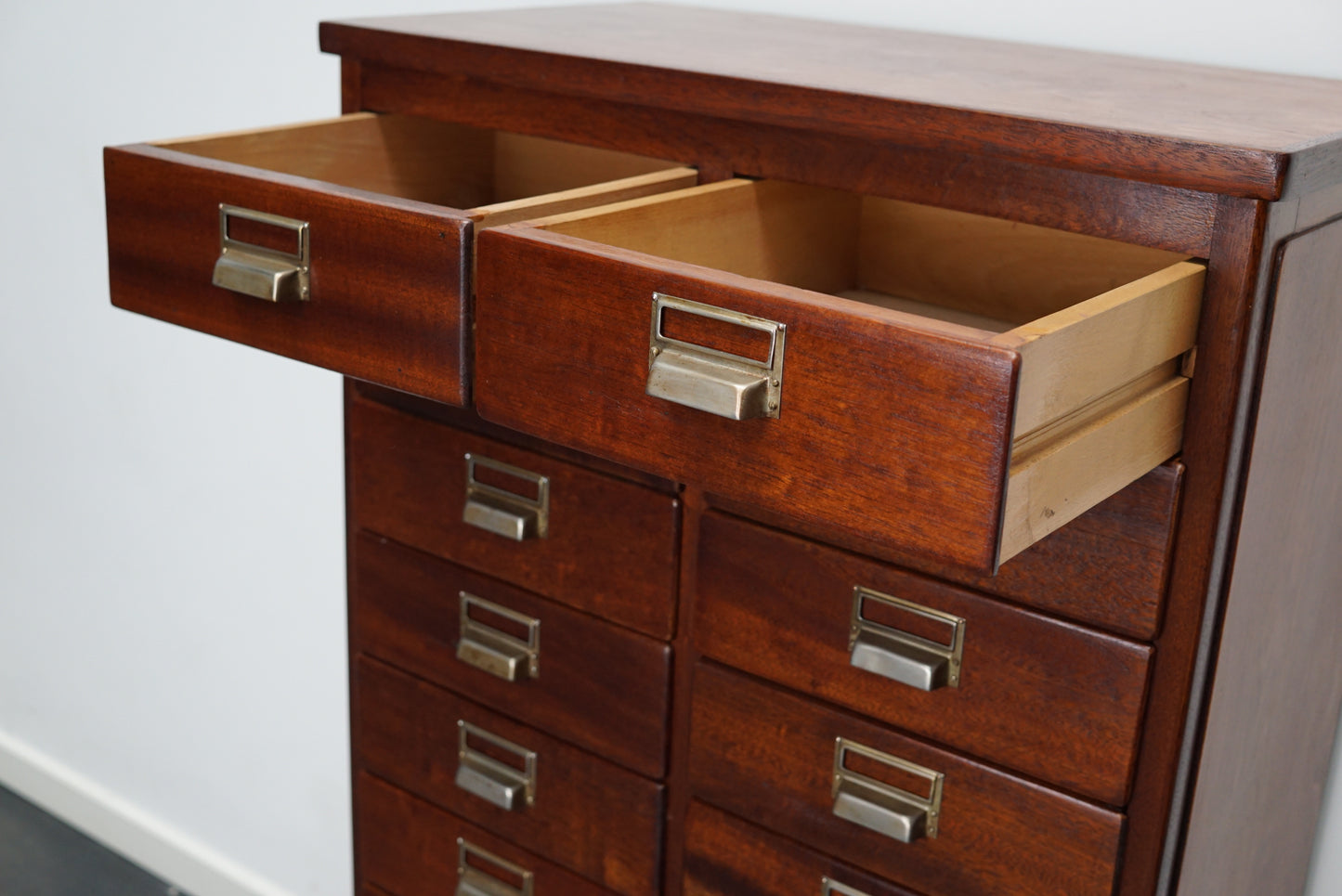 Dutch Industrial Mahogany Apothecary Cabinet, Mid-20th Century