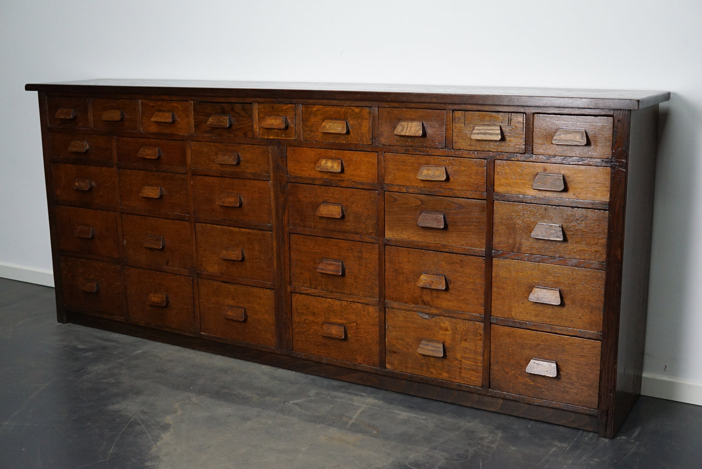 German Industrial Oak Apothecary Cabinet / Bank of Drawers, 1930s