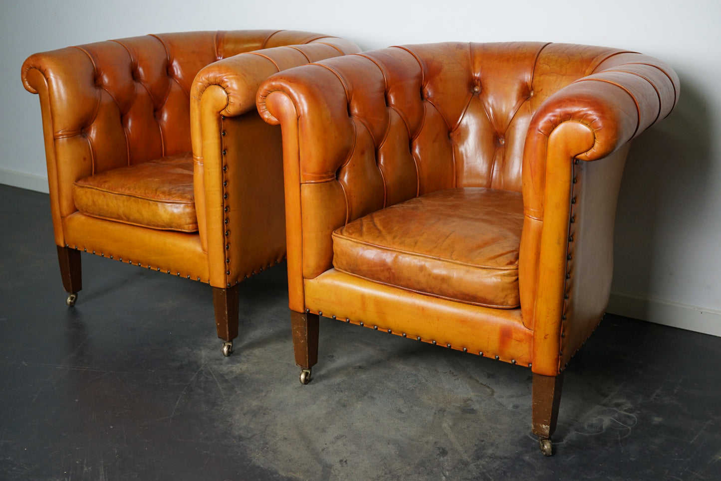 Vintage Dutch Chesterfield Cognac Leather Club Chairs, Set of 2
