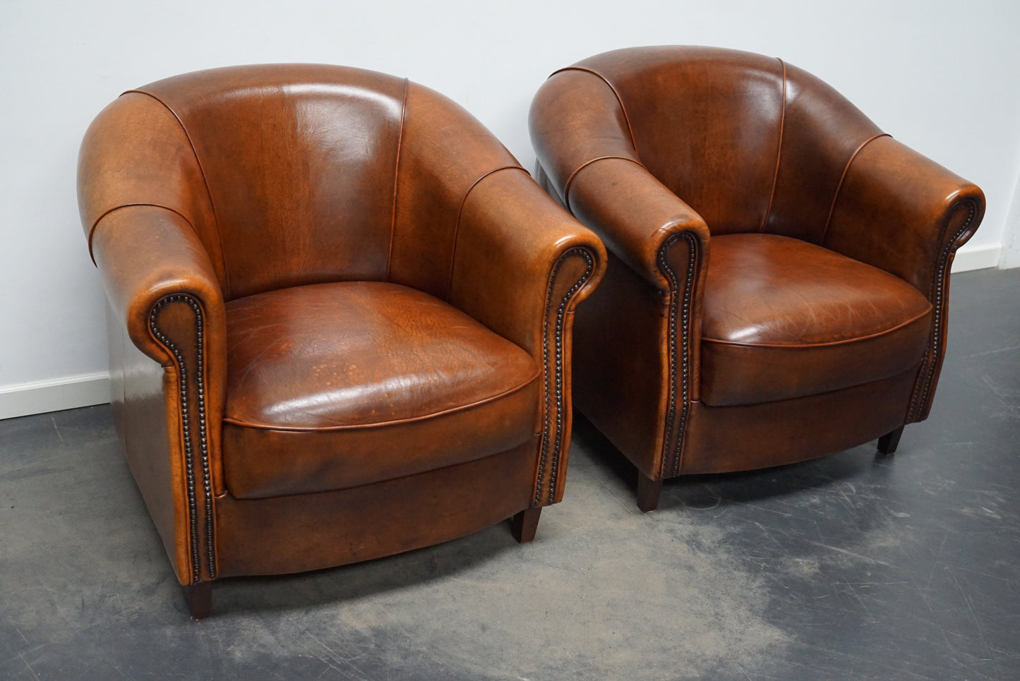 Vintage Dutch Cognac Leather Club Chairs, Set of 2