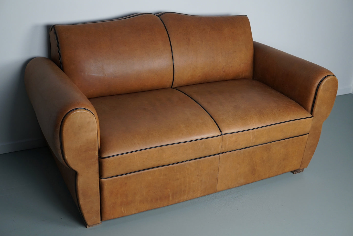 French Leather Moustache Back Club Sofa 2-Seater, Art Deco 1940's