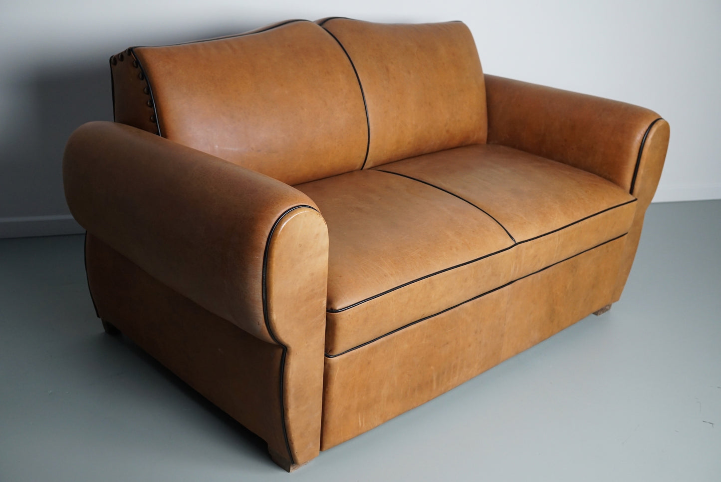 French Leather Moustache Back Club Sofa 2-Seater, Art Deco 1940's