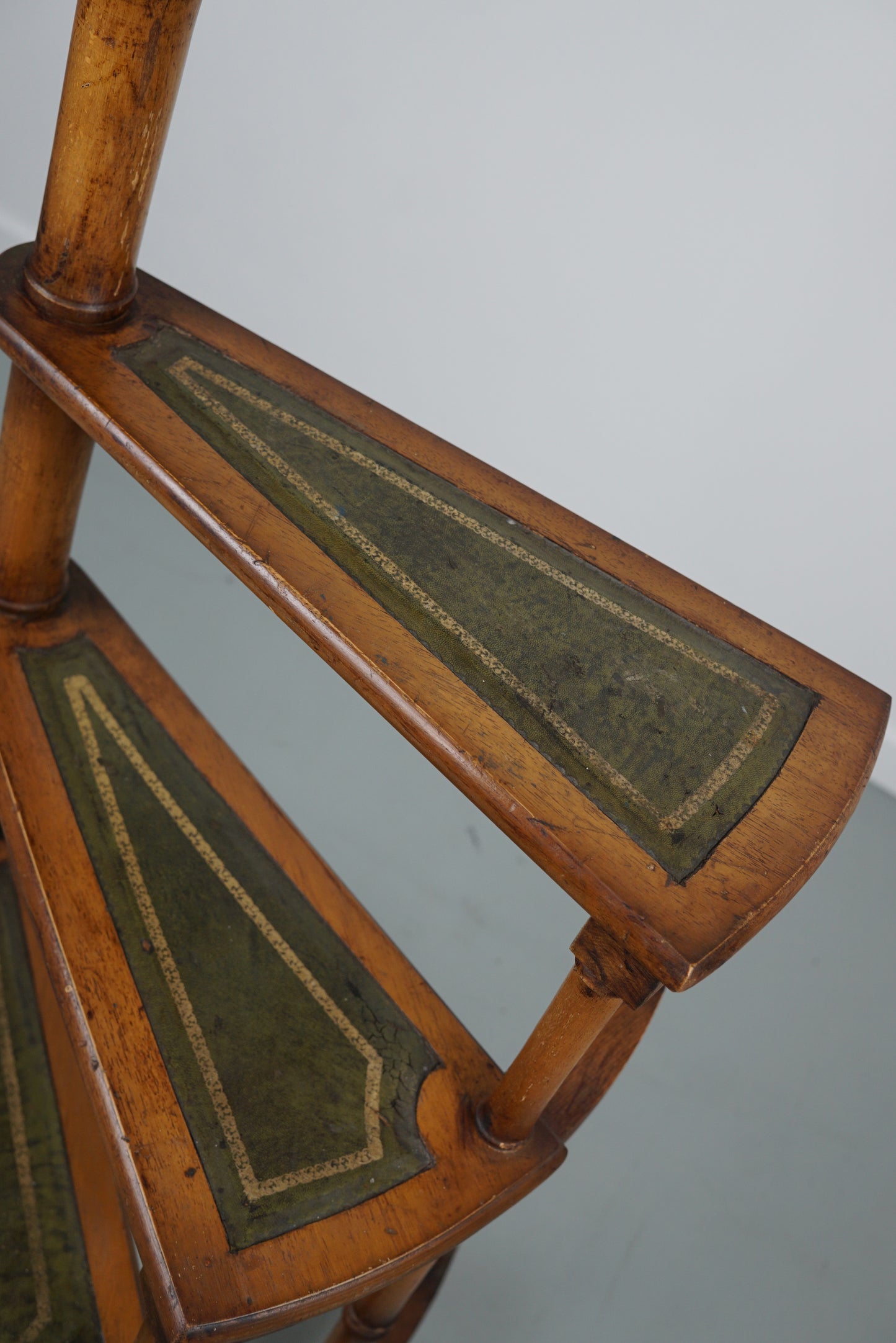 Large Library Stairs / Steps Mid-20th Century Ladder Carved Wood Green Leather