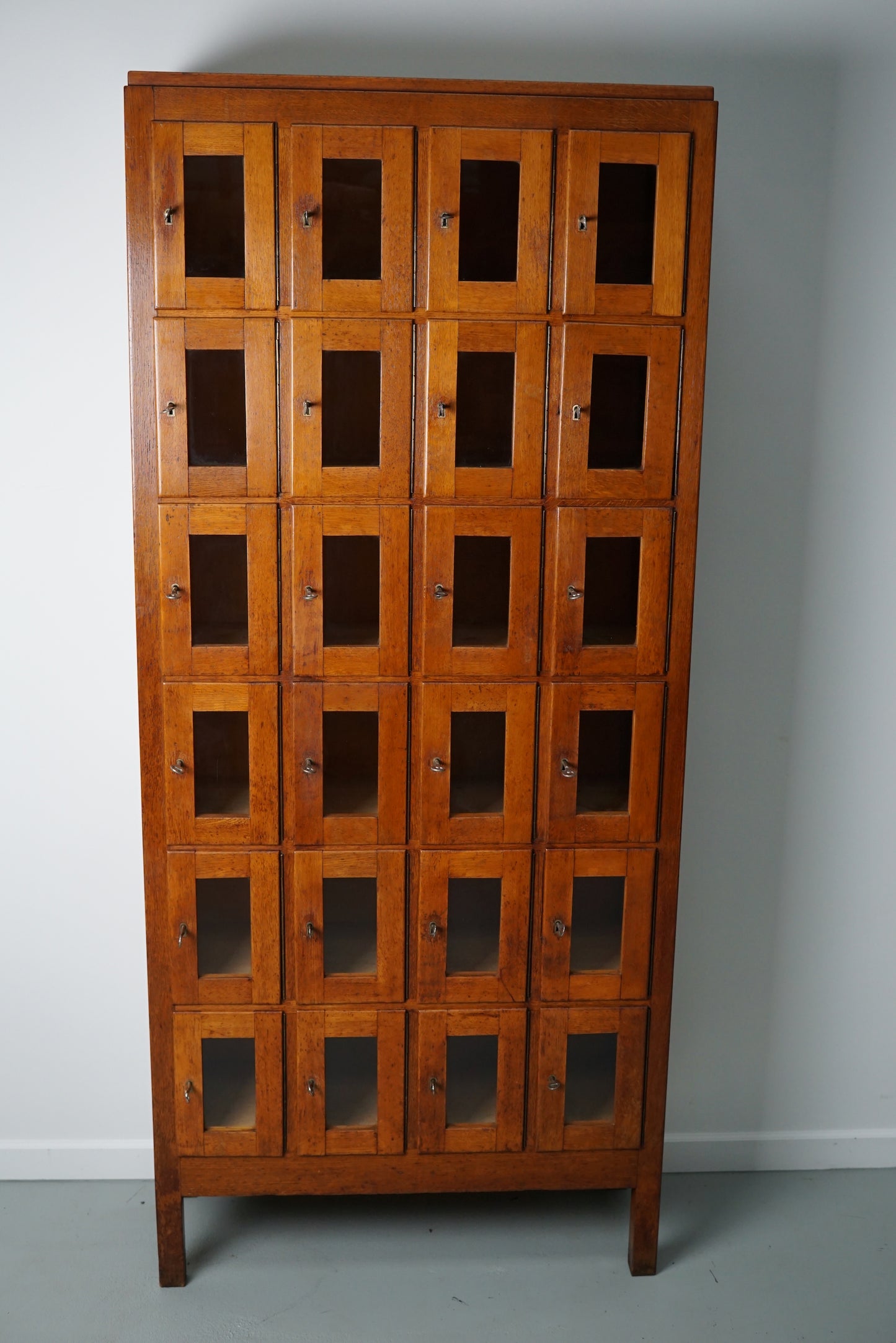 Vintage Dutch Oak Glass Door Locker Cabinet, 1930s