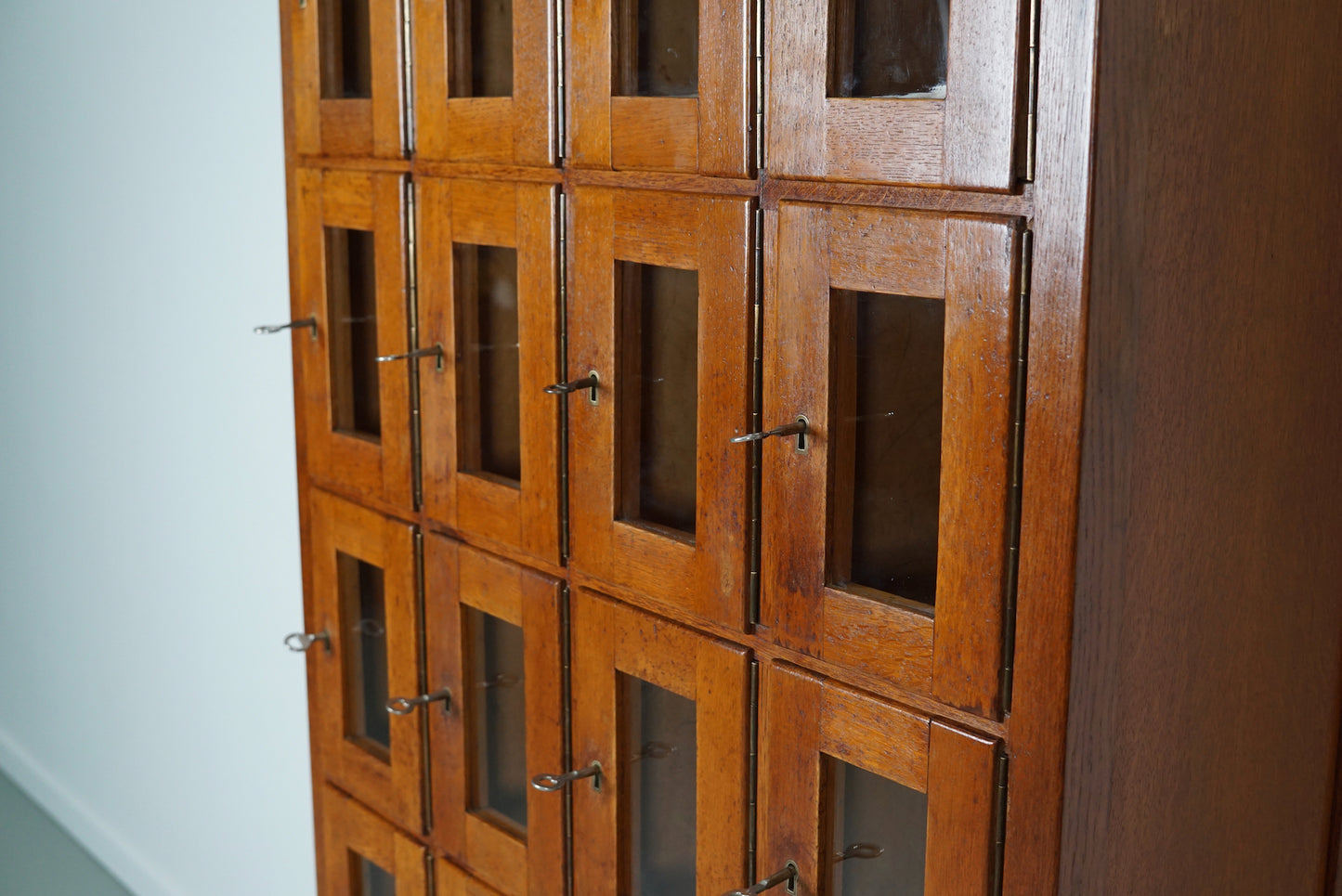 Vintage Dutch Oak Glass Door Locker Cabinet, 1930s