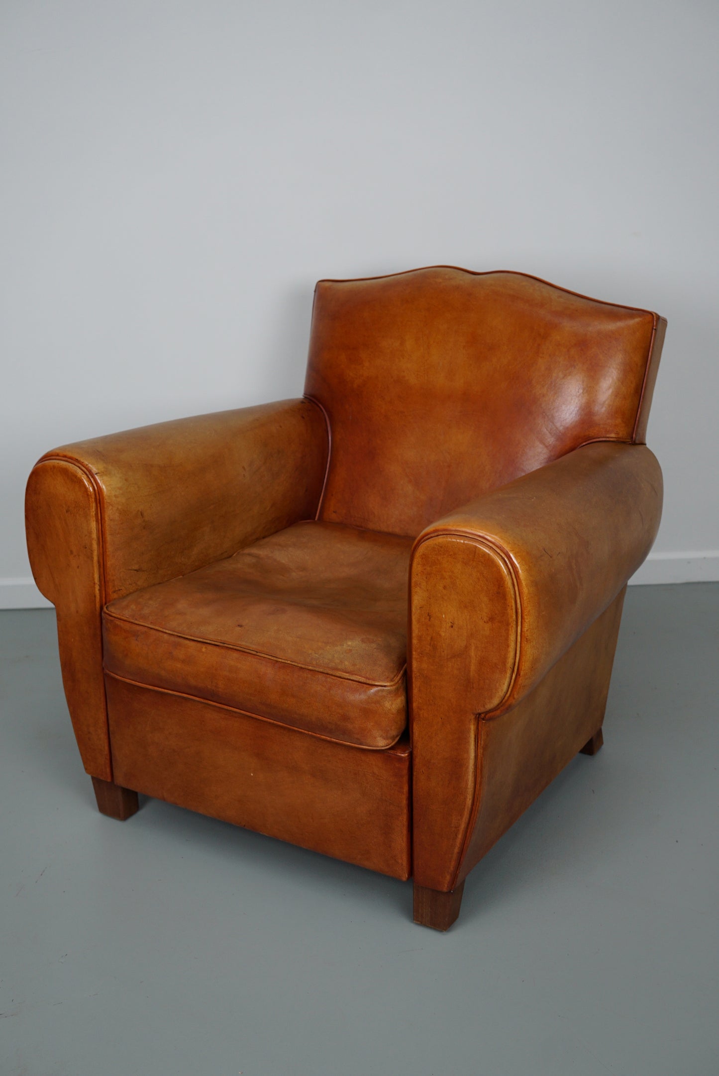 Vintage French Moustache Back Cognac-Colored Leather Club Chair